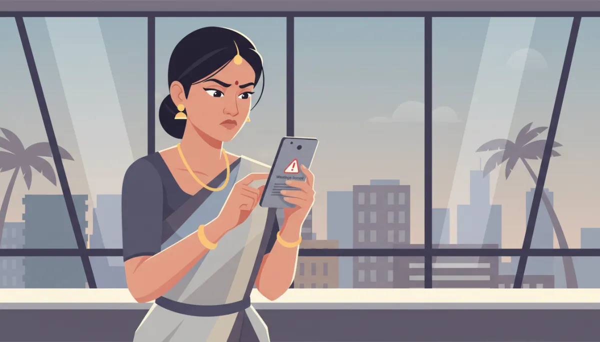 Chennai business owner frustrated by a WhatsApp Business account warning on her phone