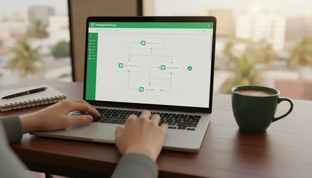 Professional using a WhatsApp Business automation dashboard on a laptop
