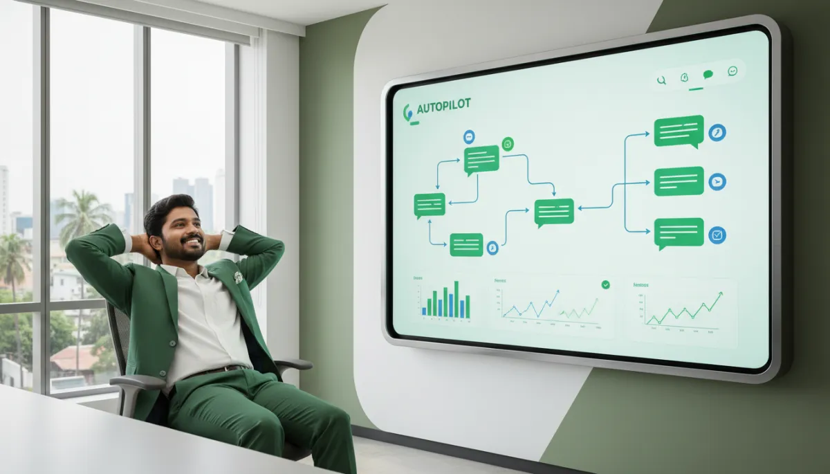 Chennai business owner relaxed while WhatsApp marketing automation runs on screen
