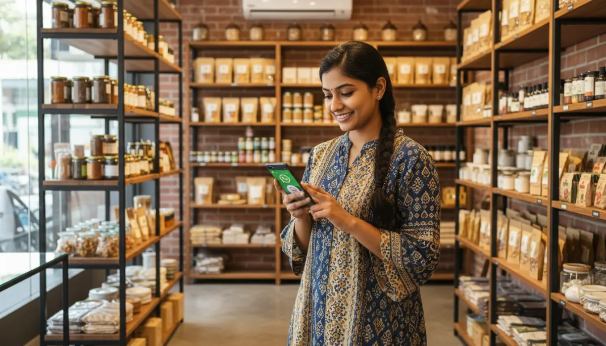 Chennai small business owner using WhatsApp Business on her phone in a retail shop