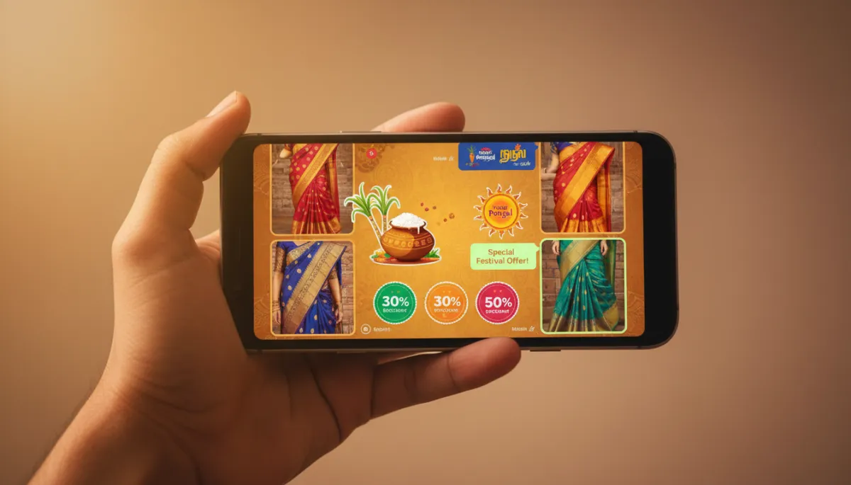 photorealistic close-up of a hand holding a smartphone showing a festive Indian WhatsApp chat with saree images, Pongal themed stickers, and discount message, neutral background with soft warm lighting
