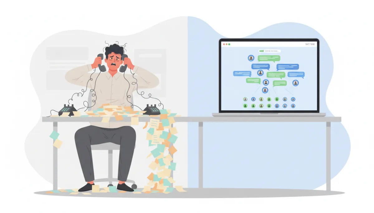 Illustration comparing manual phone follow-ups to automated WhatsApp follow-ups from a laptop