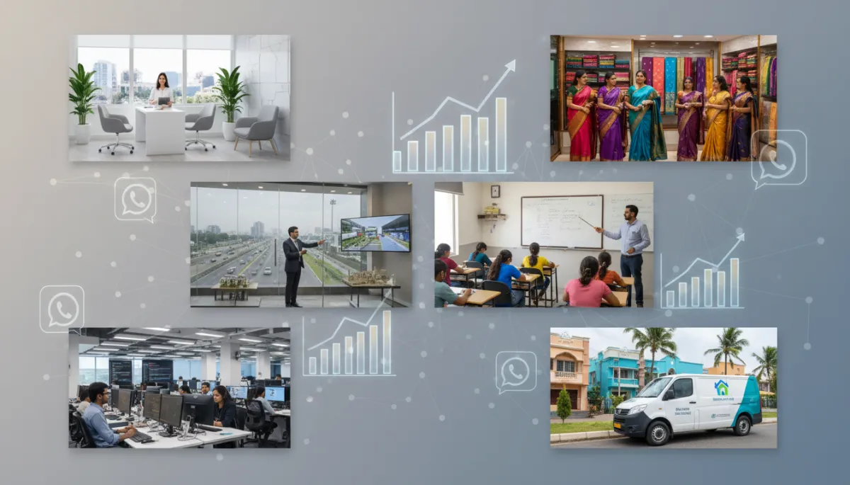 Different Chennai businesses connected through WhatsApp automation icons