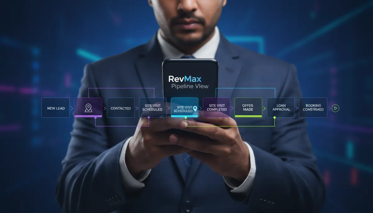 Sales agent in Chennai reviewing RevMax CRM pipeline on a mobile phone