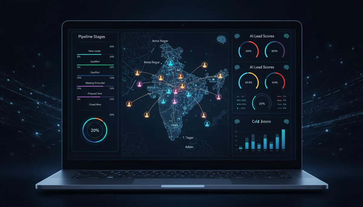 Real estate CRM dashboard with Chennai property lead distribution and AI scores