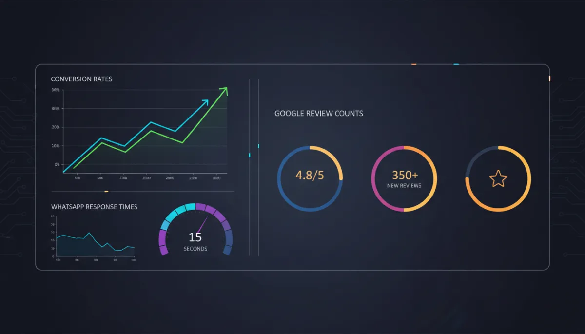 Dark tech analytics dashboard showing improved conversions and reviews for a Chennai business