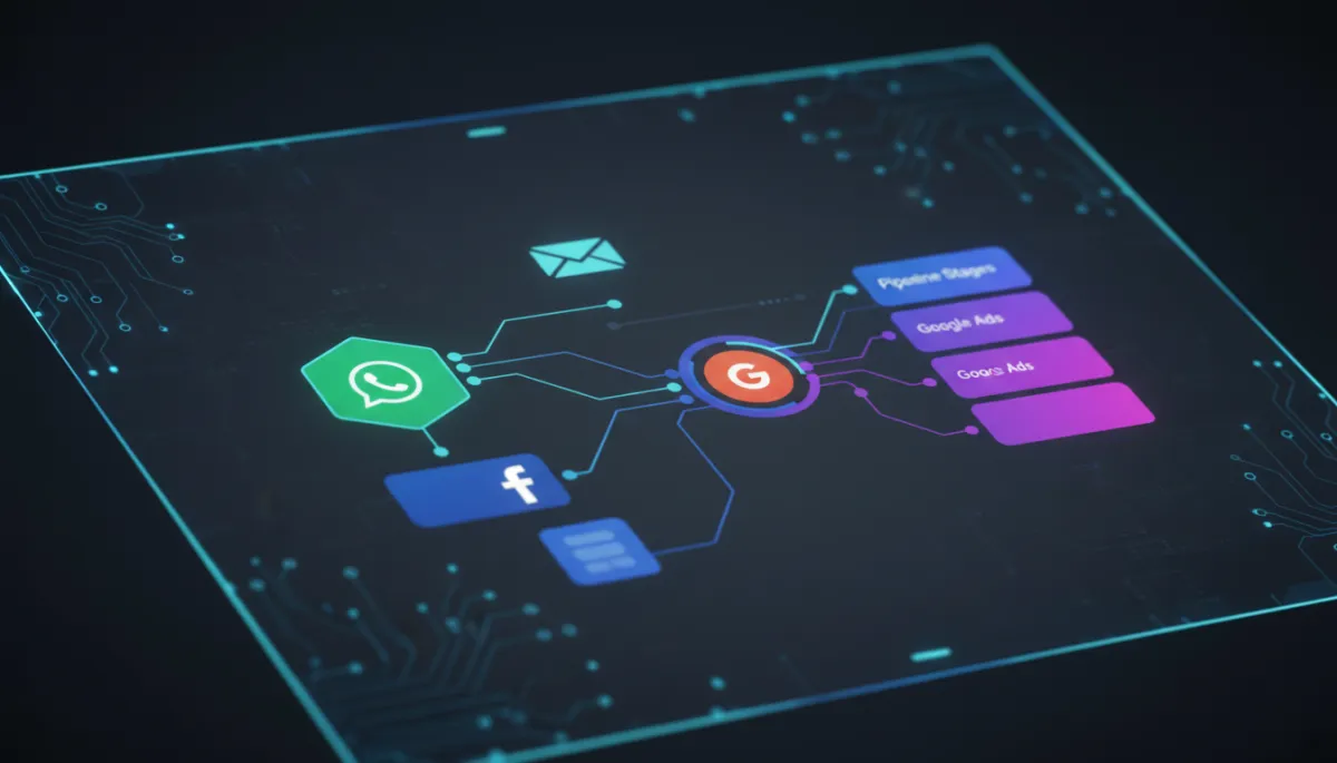 Dark tech dashboard showing connected multi-channel marketing automation workflow