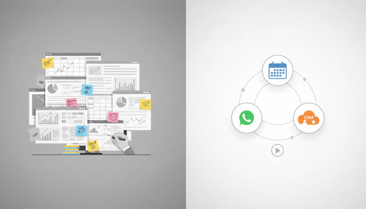 Comparison between manual spreadsheet-based workflow and streamlined AI-powered CRM automation