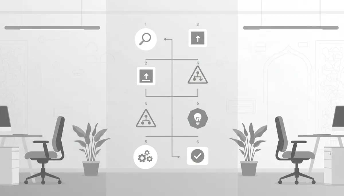 Vertical 6-step AI CRM decision framework diagram on a screen in a modern office