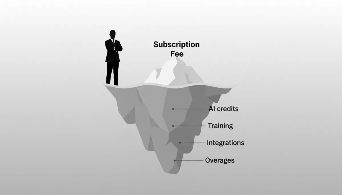 Pricing iceberg diagram showing visible subscription fee and larger hidden AI CRM costs below