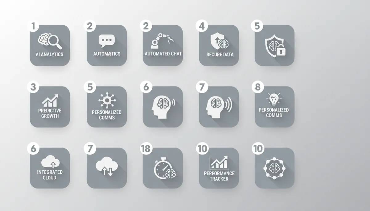 Visual grid of ten core AI CRM features in a modern minimal design