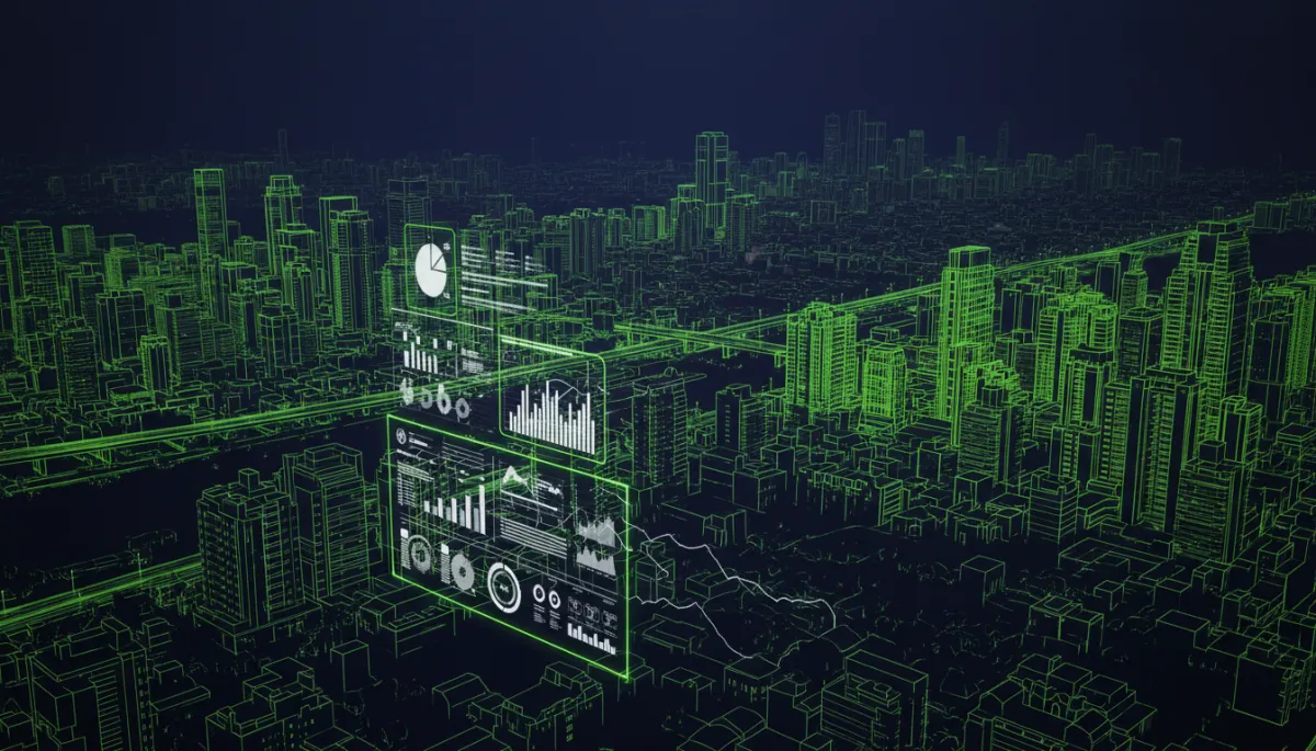 dark tech digital composite of a 3D city skyline of Chennai with glowing neon lime green #6dd200 outlines of apartment towers and a floating CRM dashboard interface on a near-black background, professional marketing feel