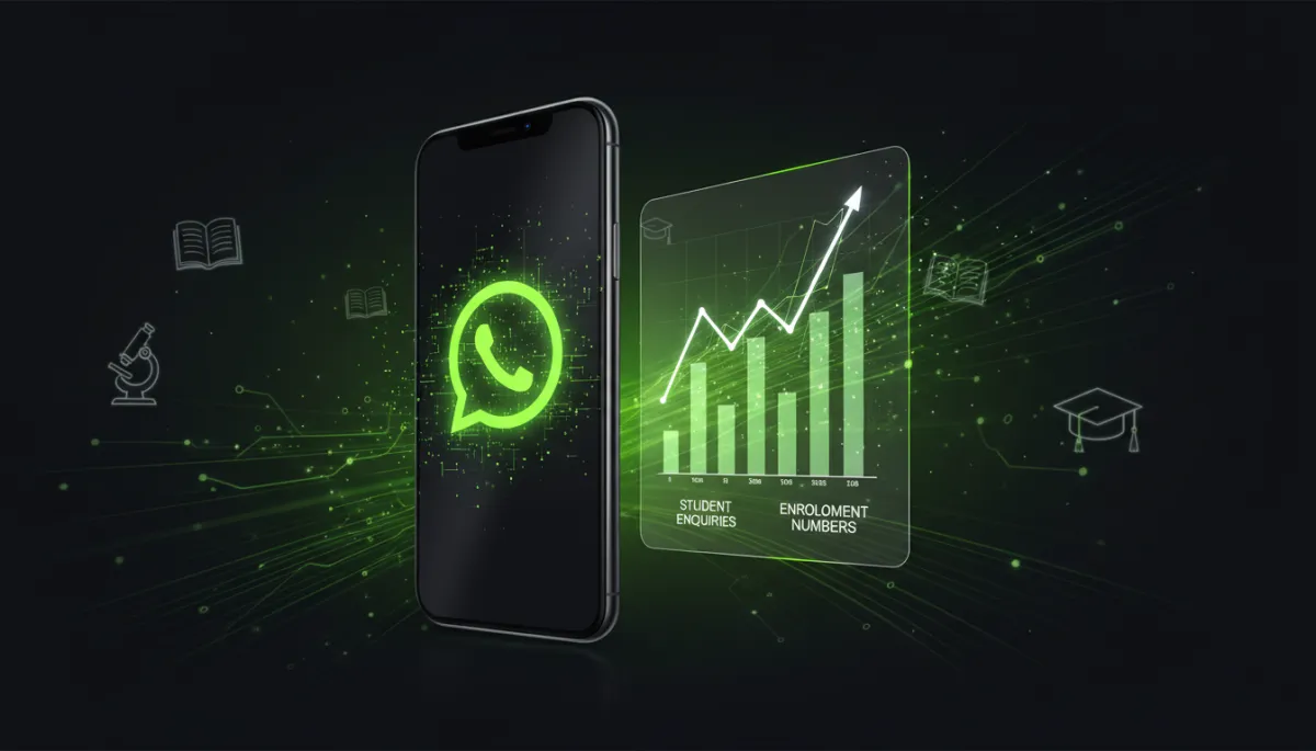 dark tech digital composite of a 3D smartphone with glowing WhatsApp icon, floating holographic charts of student enquiries and enrolment numbers, near-black background with neon lime green #6dd200 glowing accents and subtle education icons like books and graduation caps