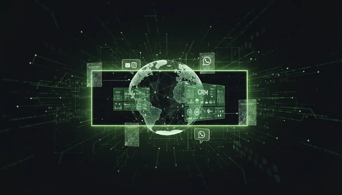 dark tech digital composite, near-black background with neon lime green #6dd200 glowing accents, 3D rendered globe connected to a CRM dashboard, floating passports and chat icons representing WhatsApp and Instagram, bold overlay text area in centre