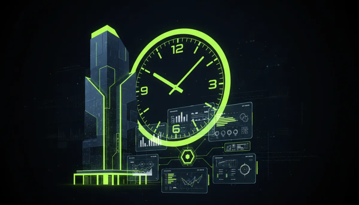 dark tech digital composite near-black background neon lime green #6dd200 glowing accents 3D rendered real estate building rising beside a giant clock and CRM automation dashboard, subtle digital lines showing leads flowing into a central hub