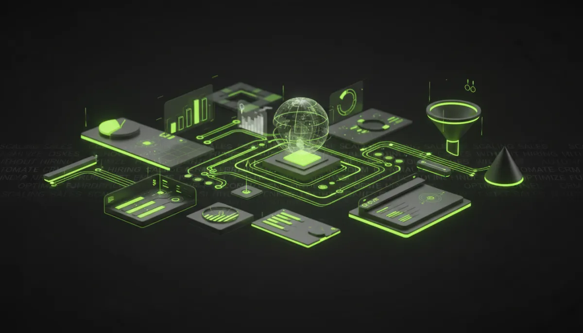 dark tech digital composite near-black background neon lime green #6dd200 glowing accents 3D automation workflow CRM dashboard sales funnel objects with subtle overlay text about scaling sales without hiring