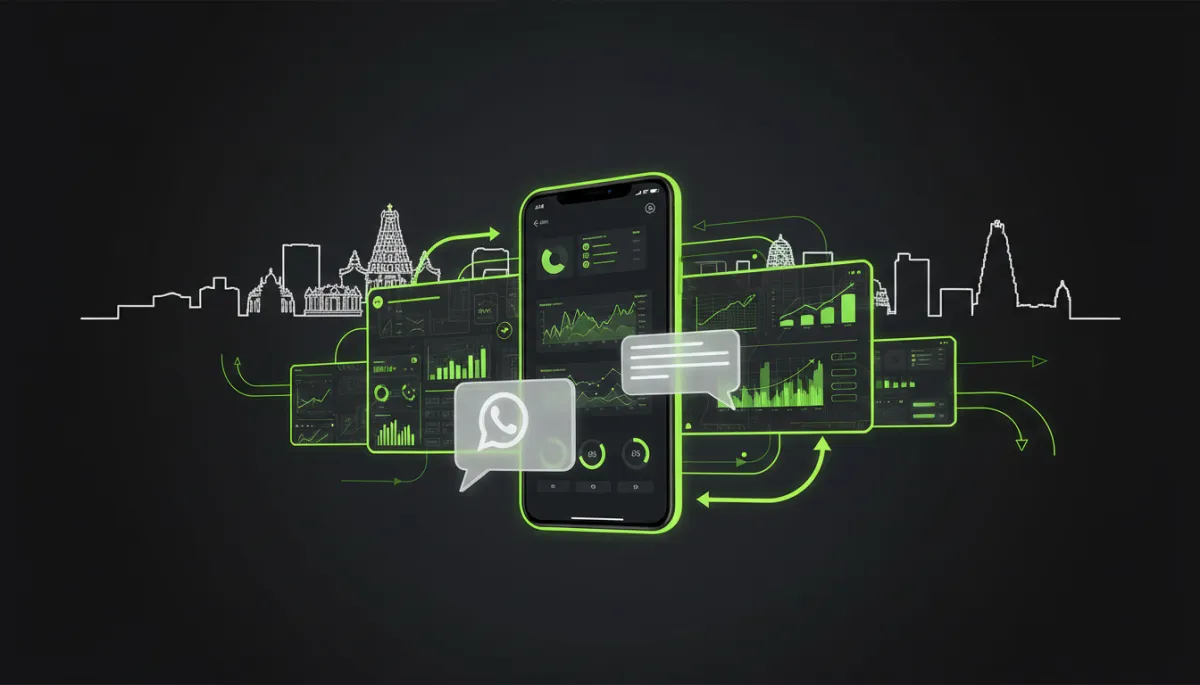 dark tech digital composite near-black background neon lime green #6dd200 glowing accents 3D WhatsApp chat bubbles, smartphone, CRM dashboard panels and automation workflow arrows with bold Tamil Nadu city skyline outline in background