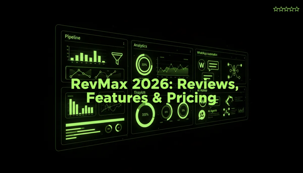 premium dark-tech SaaS, pure black background, neon lime-green glowing multi-panel CRM dashboard with analytics, pipeline, WhatsApp automation and AI agents, bold headline text overlay 'RevMax 2026: Reviews, Features & Pricing', subtle 5-star trust rating in corner, cinematic enterprise-grade, bold 2026 guide aesthetic