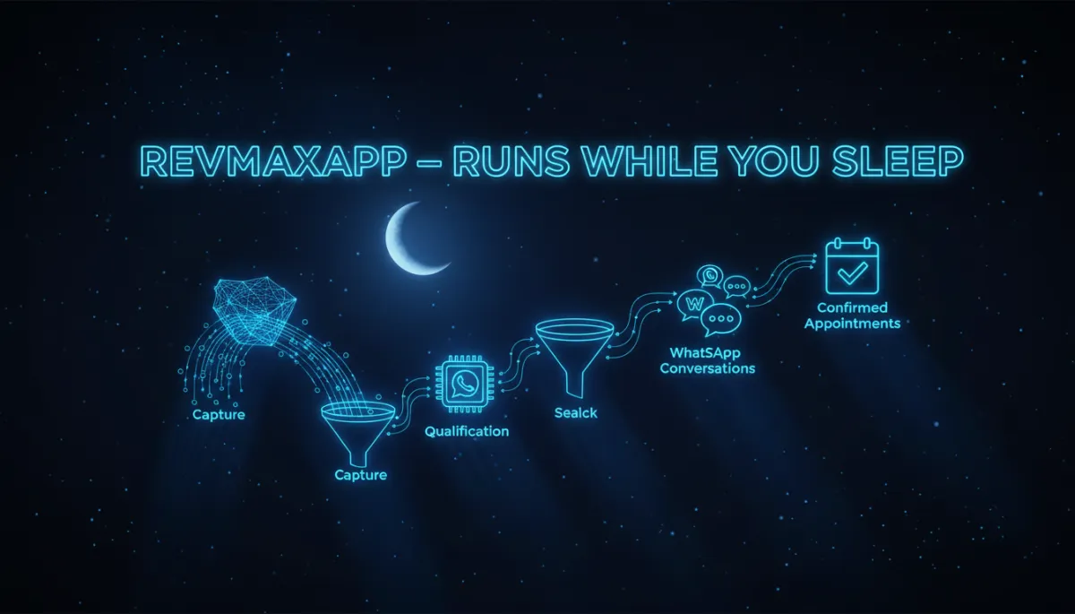 dramatic dark-themed infographic of a nighttime sales funnel under a moon-and-stars sky, leads flowing through glowing electric blue automated steps from capture to qualification to WhatsApp conversations to confirmed appointments, deep navy background, cinematic infographic layout, overlaid heading text 'RevMaxApp — Runs While You Sleep' in bold neon blue, dramatic dark tech aesthetic, electric blue and deep navy, cinematic infographic style