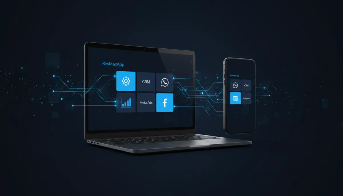wide banner layout showing a sleek laptop and mobile screen with RevMaxApp dashboard tiles for CRM, WhatsApp, Meta Ads, appointments, analytics, all connected by glowing lines; dark navy background with electric blue highlights; premium tech product aesthetic