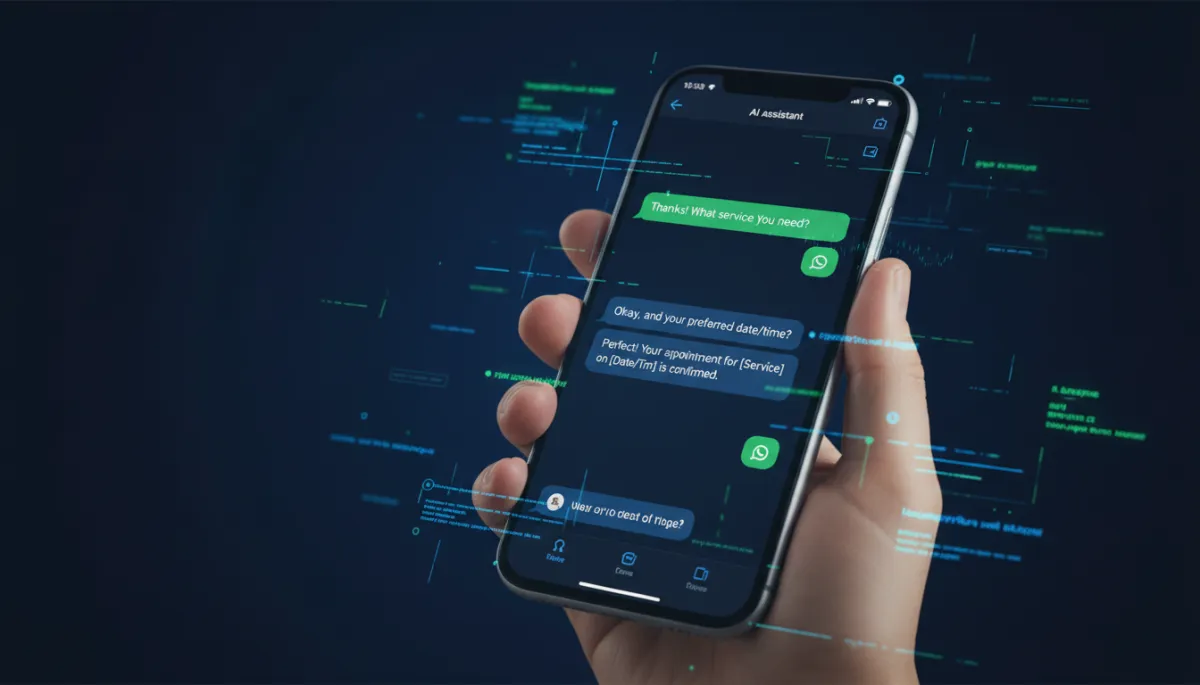 smartphone in hand showing WhatsApp chat where an AI assistant instantly replies, asks qualifying questions, and confirms an appointment booking; background is dark navy with floating UI elements in WhatsApp green and electric blue, cinematic tech aesthetic, soft glow around text overlay