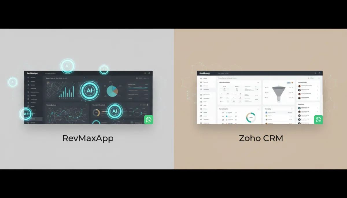 neutral color banner comparing two CRM dashboards side by side, one labeled RevMaxApp and the other Zoho CRM, subtle AI icons and WhatsApp logo, clean professional layout