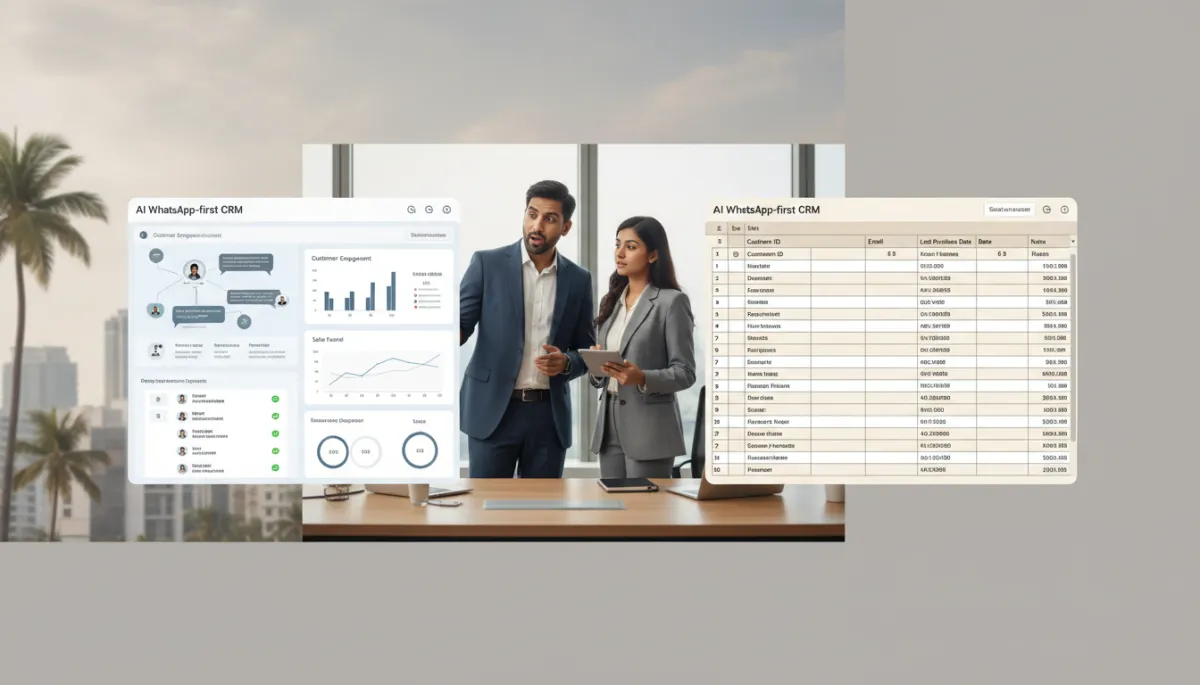 professional neutral-color split-screen infographic comparing AI WhatsApp-first CRM dashboard on one side and traditional spreadsheet-style CRM on the other, with Indian business owners in a modern Chennai office reviewing results
