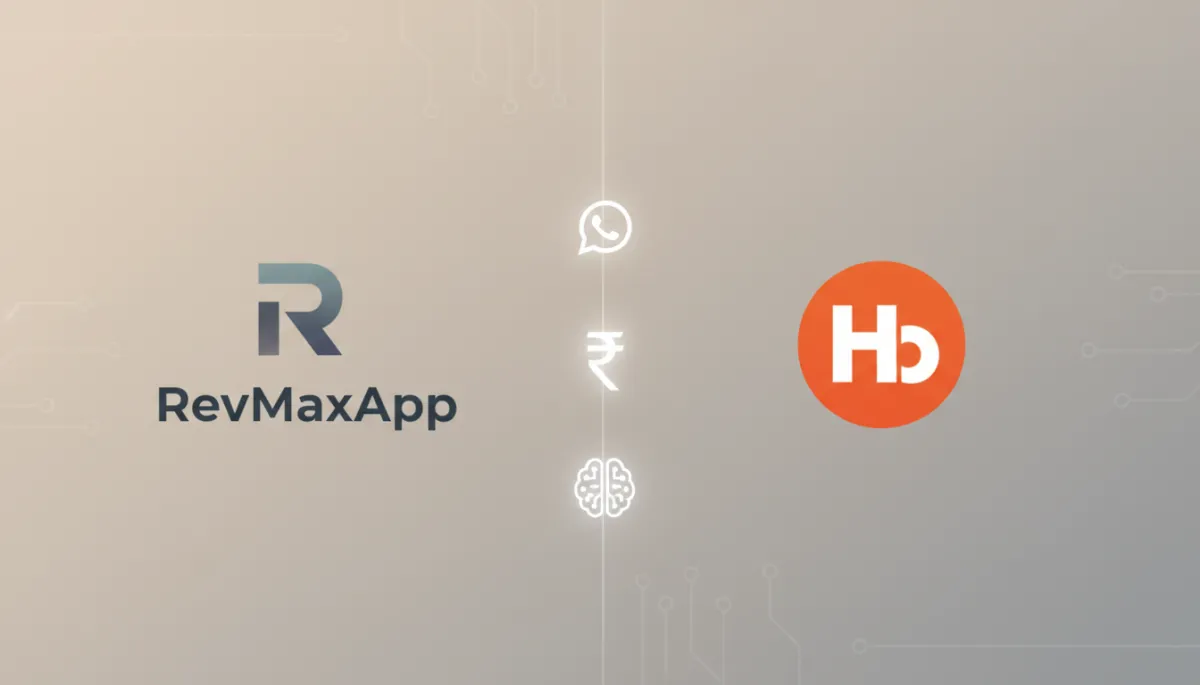 neutral-toned comparison banner showing RevMaxApp logo on left and HubSpot logo on right, clean split-screen layout with subtle icons for WhatsApp, rupee pricing, and AI automation between them