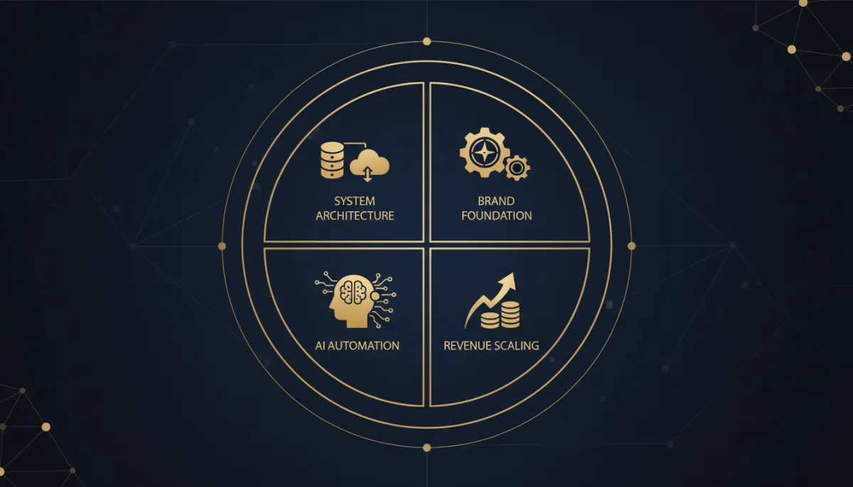 dark navy and gold infographic style visual showing a 4-phase circular framework labelled Brand Foundation, System Architecture, AI Automation, Revenue Scaling with icons for strategy, CRM, AI bot, growth arrow; clean flat infographic design
