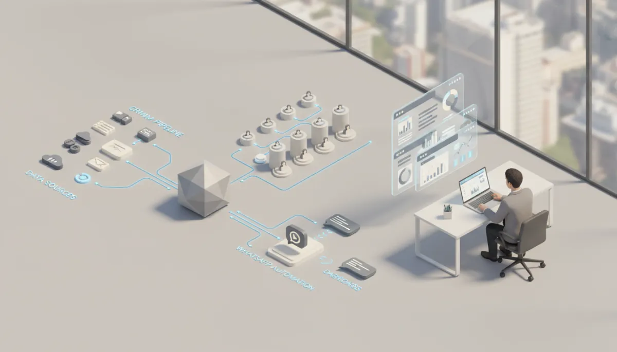 professional neutral-color isometric diagram of an AI-powered sales system architecture, showing data sources, AI engine, CRM pipeline, WhatsApp automation, dashboards and business owner reviewing metrics on laptop in a modern Chennai office