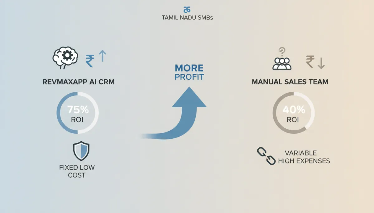 clean neutral-color infographic comparing RevMaxApp done-for-you AI CRM cost versus manual sales team expenses for Tamil Nadu SMBs, with simple icons, rupee symbols, and ROI percentages