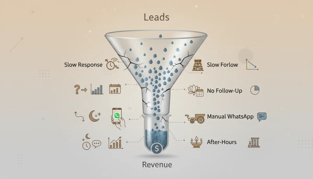 professional neutral-color infographic-style illustration showing a funnel labeled Leads at the top with 70% of drops leaking out through cracks labeled slow response, no follow-up, manual WhatsApp, after-hours, and only 30% reaching Revenue at the bottom, clean charts and Tamil Nadu business icons