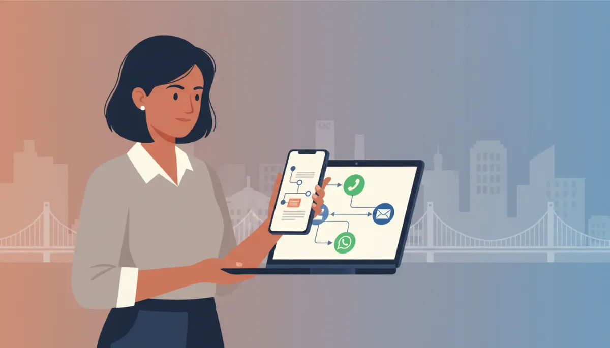professional neutral-toned illustration of a Chennai business owner viewing an automated follow-up sequence dashboard on laptop and phone, with WhatsApp and email icons connected in a flowchart, subtle city skyline of Chennai in background