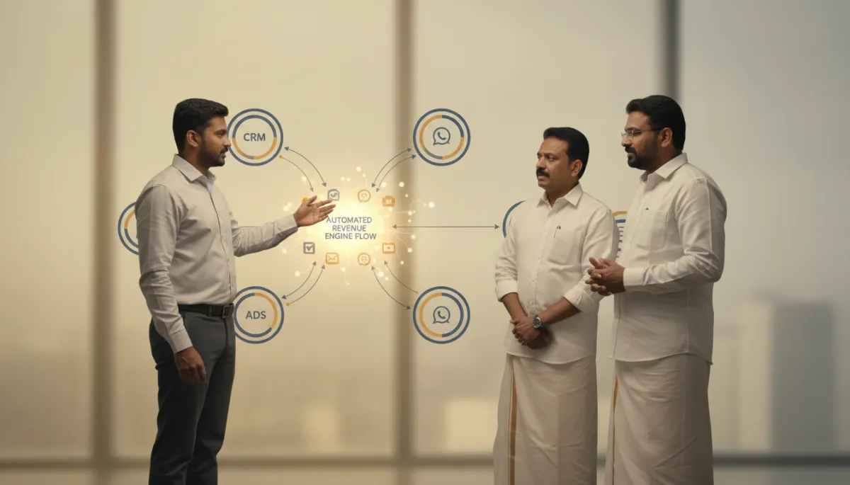 professional neutral-toned system diagram on large screen in a Chennai office boardroom, showing interconnected CRM, WhatsApp, ads, and revenue analytics nodes, with a strategist pointing at the automated revenue engine flow while two Tamil Nadu business owners observe