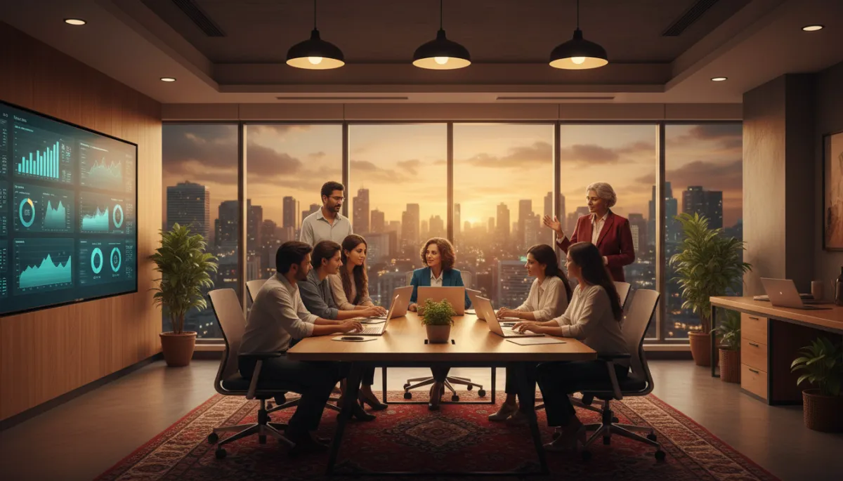 photorealistic/professional warm-toned office in Chennai with a diverse team of marketers and a business owner reviewing digital marketing dashboards on laptops and a large screen, evening city skyline visible through windows
