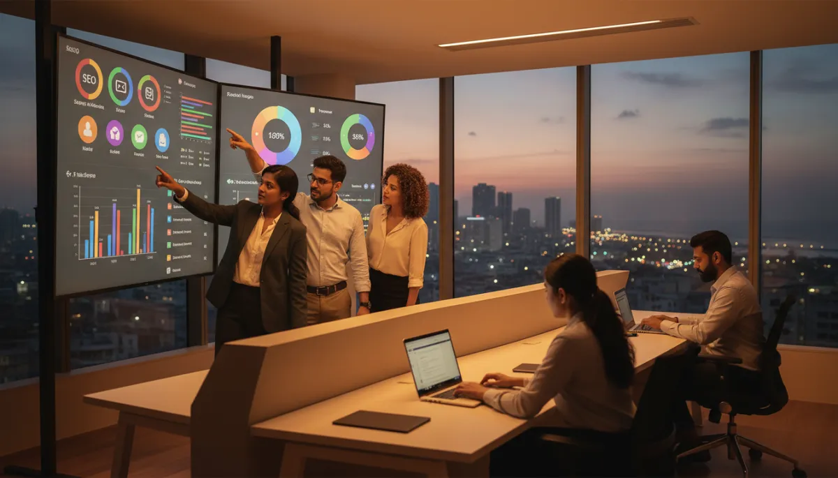 photorealistic professional business scene of a diverse marketing team in a warm-toned Chennai office, analyzing dashboards with SEO, social media, email and revenue metrics on large screens, evening city skyline of Chennai visible through windows