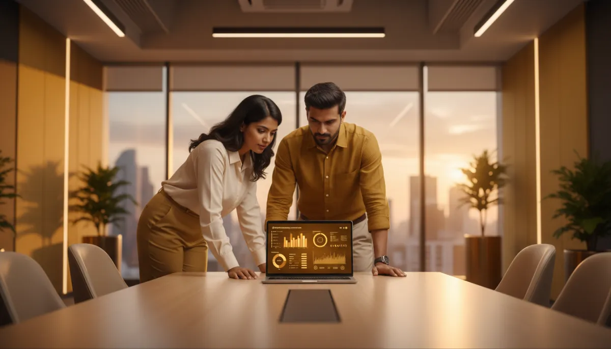 photorealistic professional business scene of a small business owner and a digital marketing consultant reviewing performance dashboards on a laptop in a modern Chennai office, warm lighting, brand colors in shades of deep gold and warm neutrals