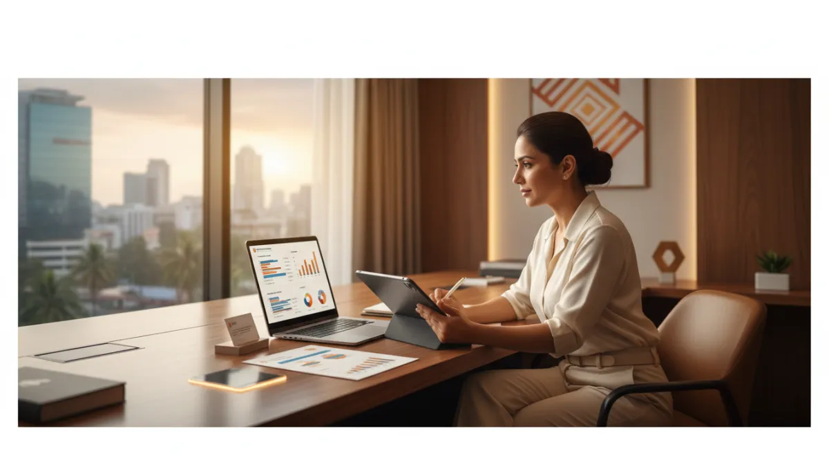 photorealistic professional business scene showing a Tamil Nadu SME founder at a wooden desk comparing two proposals on a laptop and tablet, with warm ambient lighting, subtle orange and gold brand accents, and a blurred Chennai skyline through a window