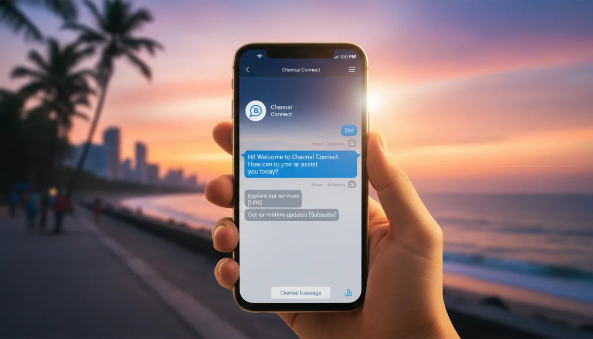 photorealistic close-up of a smartphone showing an active WhatsApp chat interface with automated business messages, held by a person standing on Marina Beach promenade at golden hour, blurred vibrant Chennai skyline and sea in the background, professional and colorful lighting