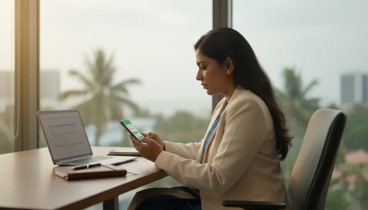 photorealistic scene of a thoughtful South Indian woman entrepreneur in professional attire sitting at a desk in a Chennai office, warm neutral natural light from a window, city hints in background, focusing on a smartphone with a WhatsApp chat screen visible, subtle laptop and notebook on table