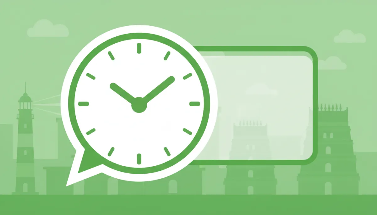 professional flat-design illustration of a large clock merging with a WhatsApp chat icon, green and white color scheme, subtle Chennai skyline silhouette with Marina Beach and Kapaleeshwarar Temple outlines in the background, bold overlay text area in center