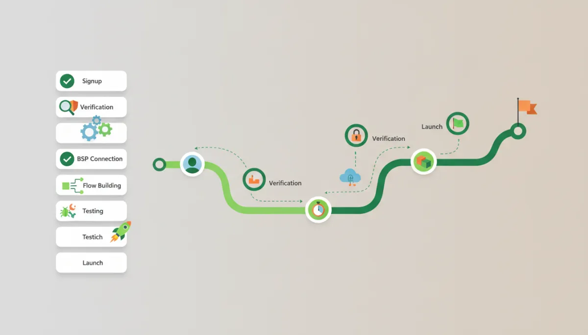 flat-design illustration of a structured checklist and roadmap for WhatsApp automation, with WhatsApp green accents, icons showing steps from signup, verification, BSP connection, flow building, testing, to launch, neutral background, professional dashboard-style layout