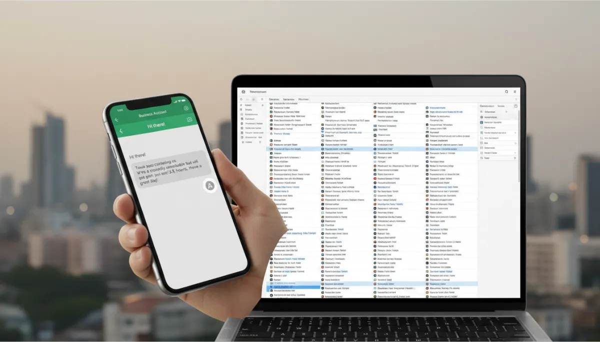 photorealistic split-screen showing a smartphone on the left with an instant WhatsApp auto-reply conversation visible, and on the right a cluttered laptop email inbox with unread messages, both set against a subtle Chennai city skyline backdrop with neutral tones and dynamic lighting