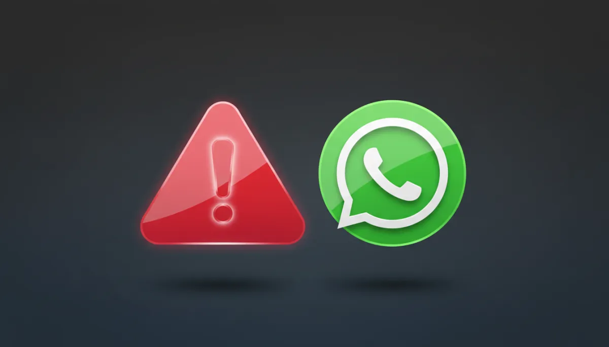 professional graphic design of a red warning sign icon next to a WhatsApp logo on a clean dark neutral background, sharp lighting, minimal layout