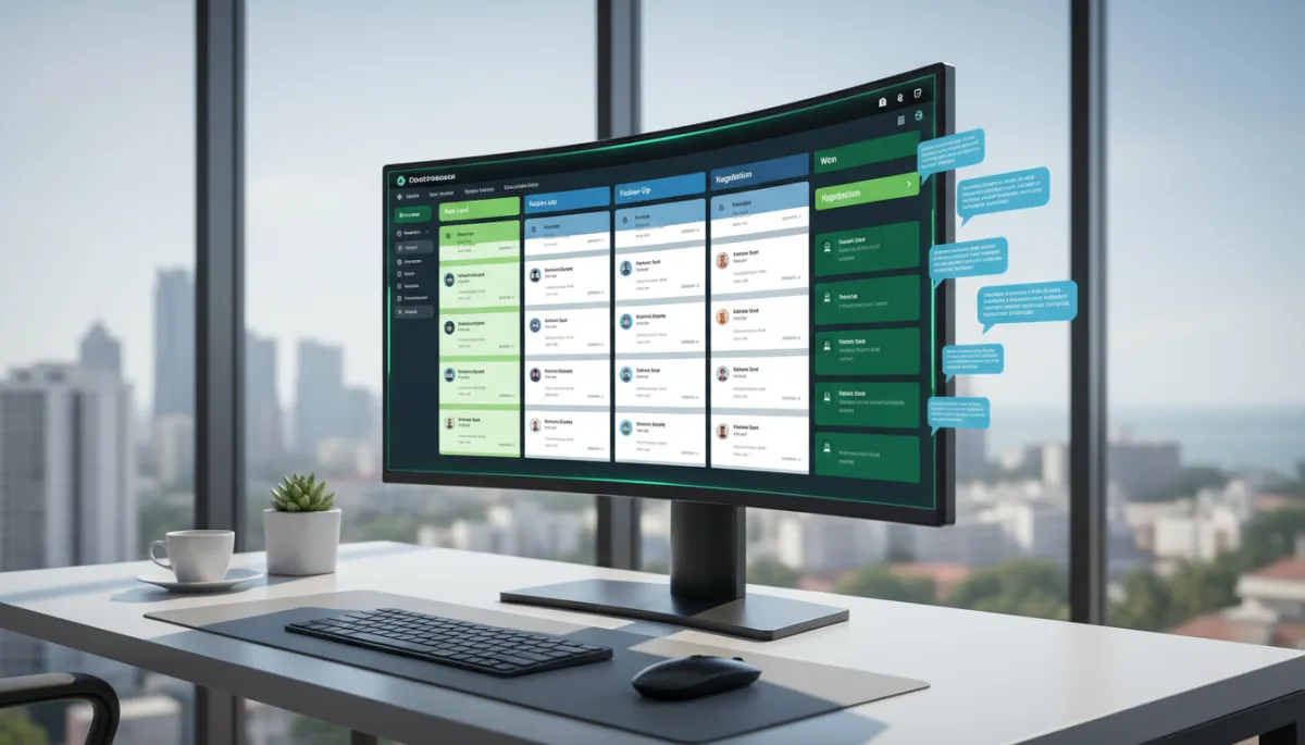photorealistic wide shot of a modern office desk with a large monitor showing a colourful CRM pipeline board, with green and blue columns labelled New Lead, Follow-Up, Negotiation, Won, and WhatsApp chat bubbles overlaid on the screen, subtle Chennai city skyline visible through the window in the background, clean modern digital dashboard look in greens and blues