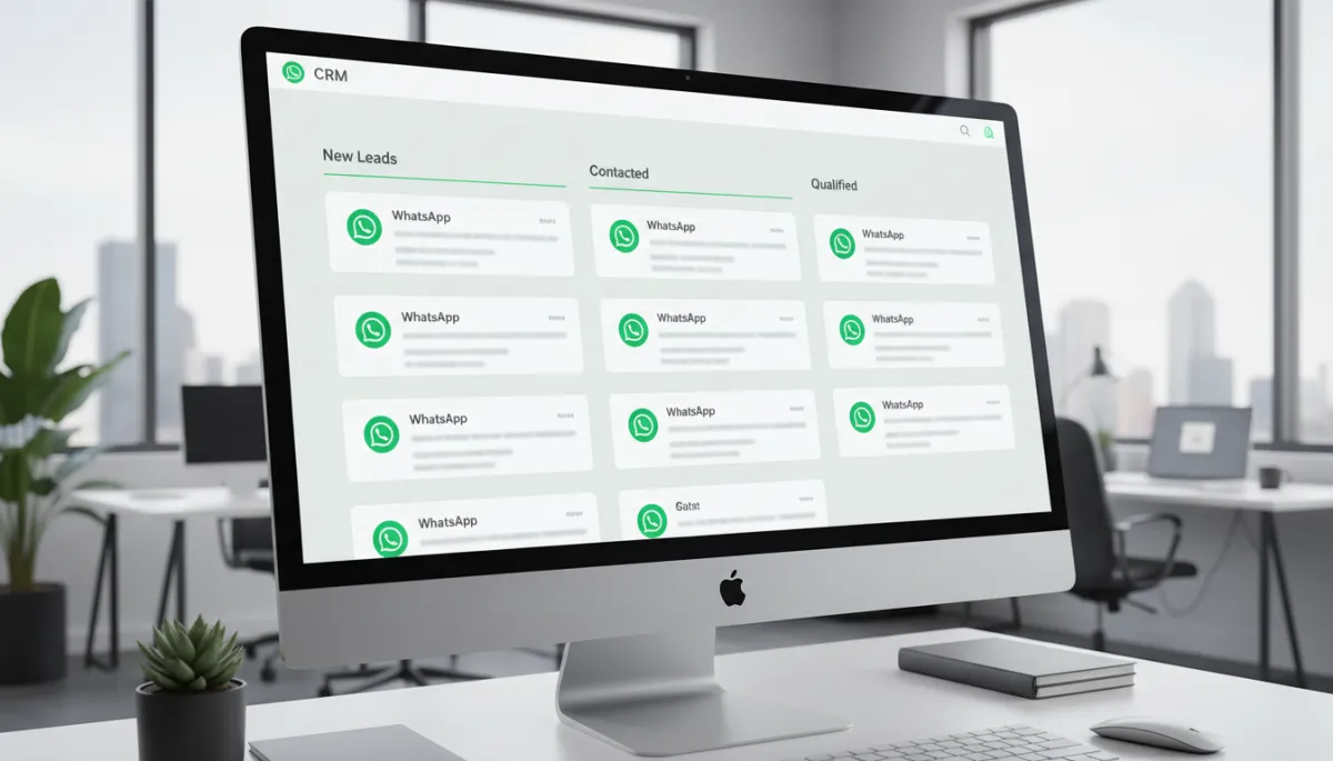 photorealistic clean CRM dashboard on a large monitor showing multiple WhatsApp lead cards arranged in a Kanban pipeline, each card with a small green WhatsApp icon, modern UI in greens and whites, bright office background