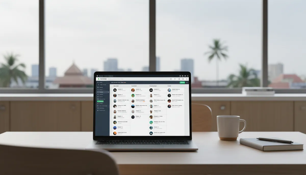 photorealistic neutral-tone office desk with a laptop screen showing a WhatsApp CRM dashboard in pipeline view, visible contact cards and conversation threads, subtle Chennai city hints through window, clean professional setting