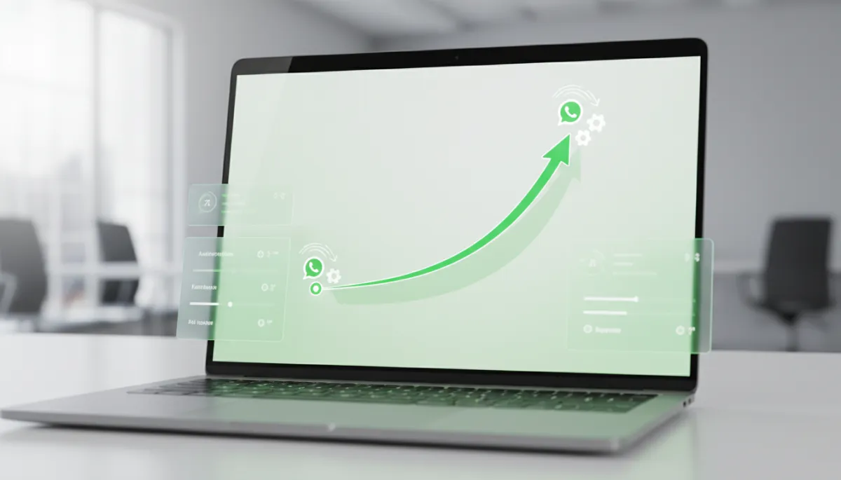 photorealistic graph showing exponential revenue growth with green and white color scheme, WhatsApp icons and automation symbols at key inflection points, sleek dashboard-style interface on a laptop screen in a modern office