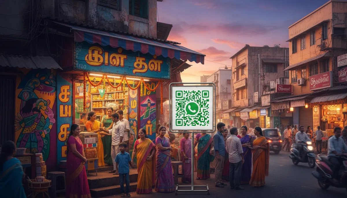 photorealistic colourful small Chennai street shop with Tamil signage and a WhatsApp QR code displayed prominently on a standee outside, evening light, busy but friendly neighbourhood street