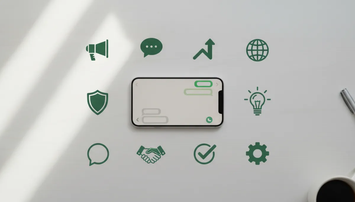 photorealistic neutral-toned flatlay of smartphone showing WhatsApp chat screen, surrounded by 10 minimal campaign icons in WhatsApp green arranged in a clean grid, soft daylight, modern desk setup